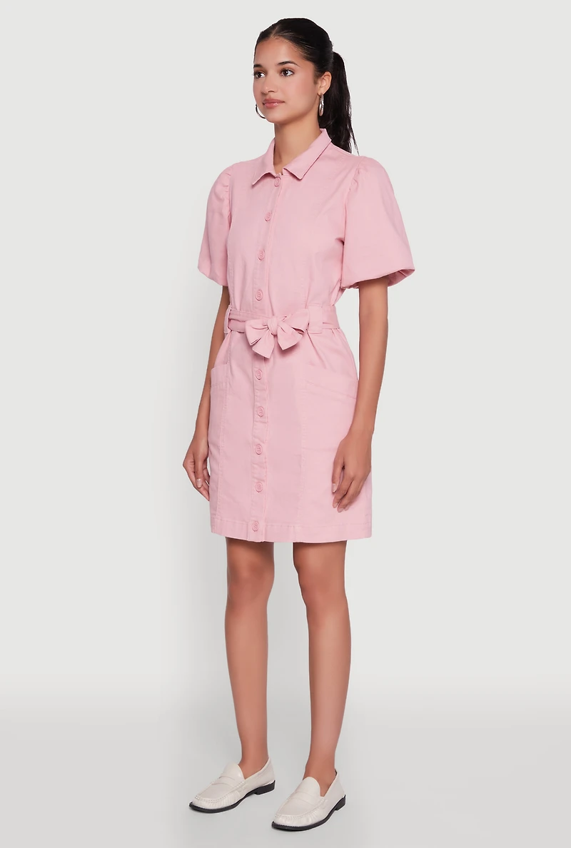 Womens Chic Twill Puff Sleeve Shirt Dress with Tie Waist Belt, Pink, Size M