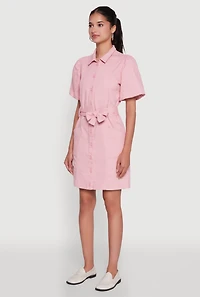 Womens Chic Twill Puff Sleeve Shirt Dress with Tie Waist Belt, Pink, Size M