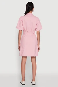 Womens Chic Twill Puff Sleeve Shirt Dress with Tie Waist Belt, Pink, Size S