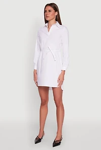 Womens Poplin Tie Waist Belted Shirt Dress, White, Size XL
