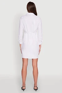 Womens Poplin Tie Waist Belted Shirt Dress, White, Size XL