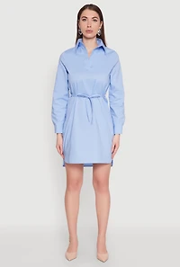 Womens Poplin Tie Waist Belted Shirt Dress, Blue,