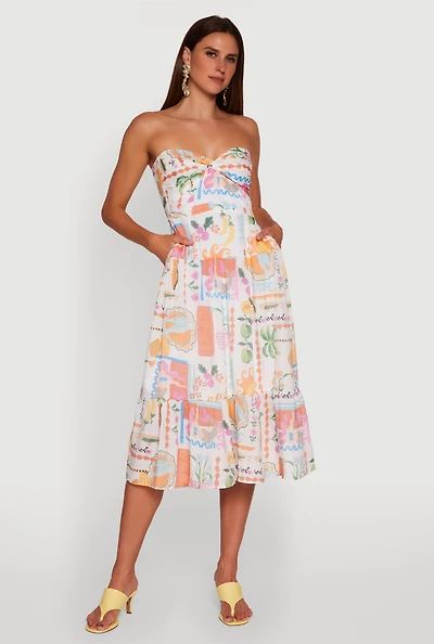 Womens Tropical Print Tiered Twist Front Midi Dress, Multi, Size L