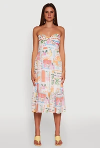Womens Tropical Print Tiered Twist Front Midi Dress, Multi, Size L