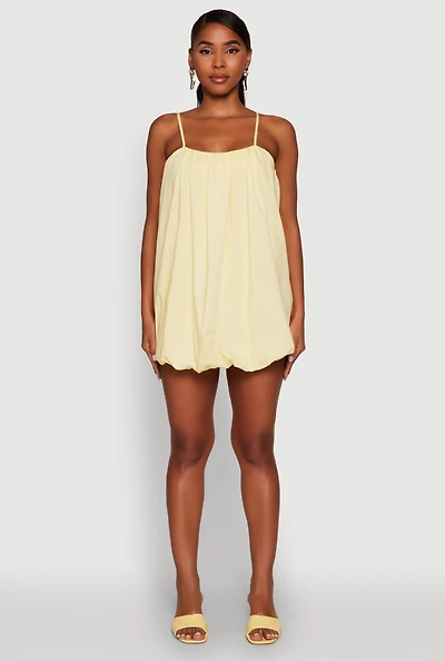 Womens Chic Poplin Bubble Hem Spaghetti Strap Dress, Yellow, Size S