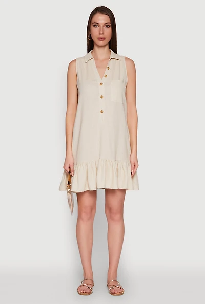 Womens Trendy Linen Sleeveless Shirt Dress with Flounce Hem, Beige, Size XL