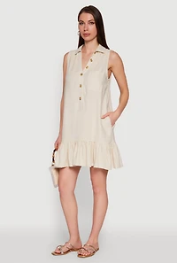 Womens Trendy Linen Sleeveless Shirt Dress with Flounce Hem, Beige, Size XL
