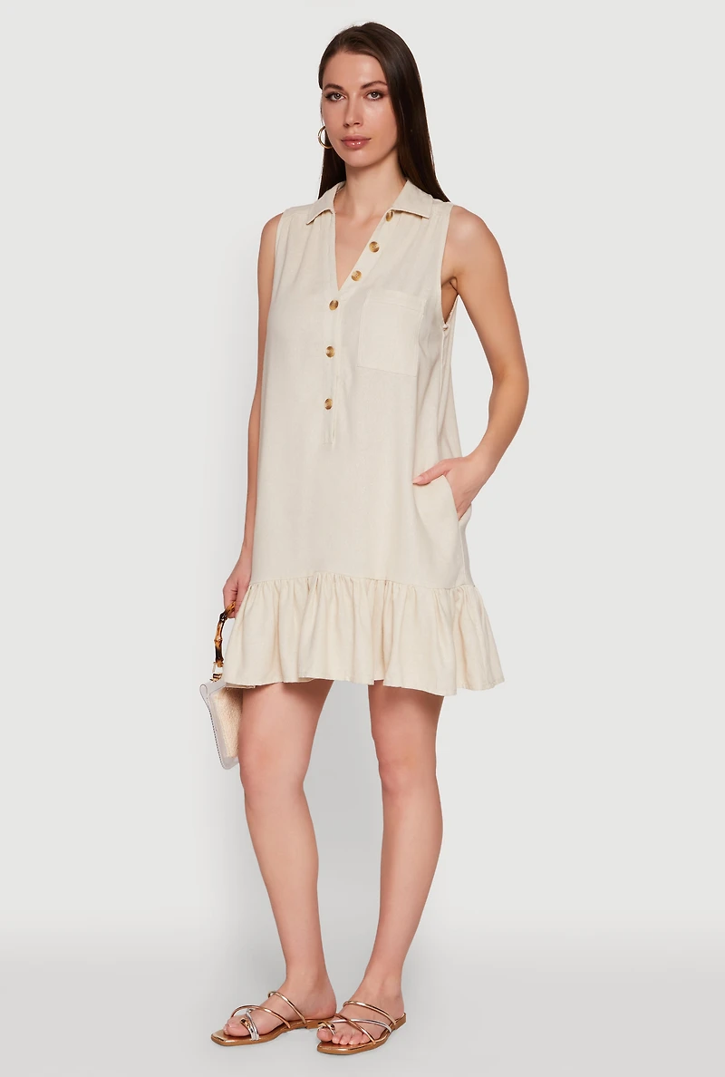 Womens Trendy Linen Sleeveless Shirt Dress with Flounce Hem, Beige, Size S