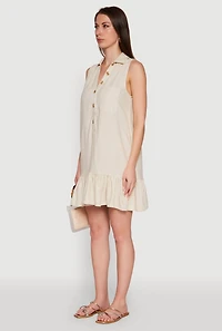 Womens Trendy Linen Sleeveless Shirt Dress with Flounce Hem, Beige, Size XL