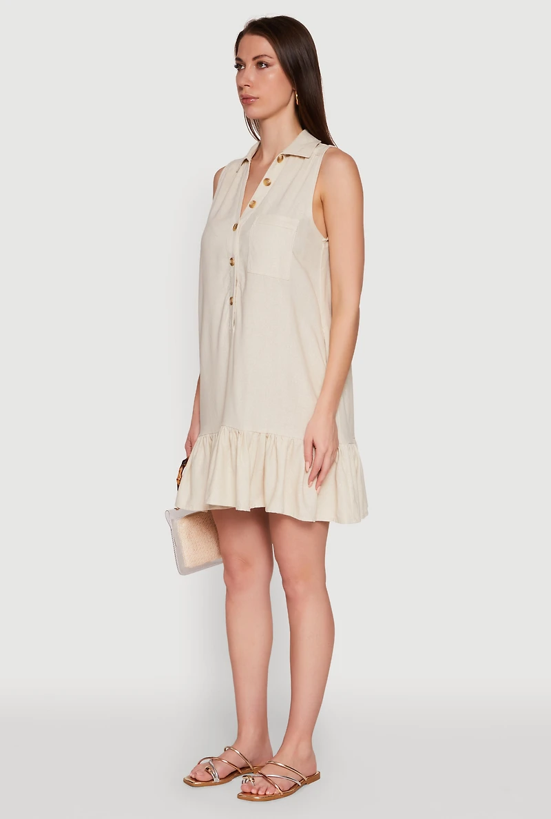 Womens Trendy Linen Sleeveless Shirt Dress with Flounce Hem, Beige, Size S