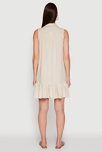Womens Trendy Linen Sleeveless Shirt Dress with Flounce Hem, Beige, Size XL