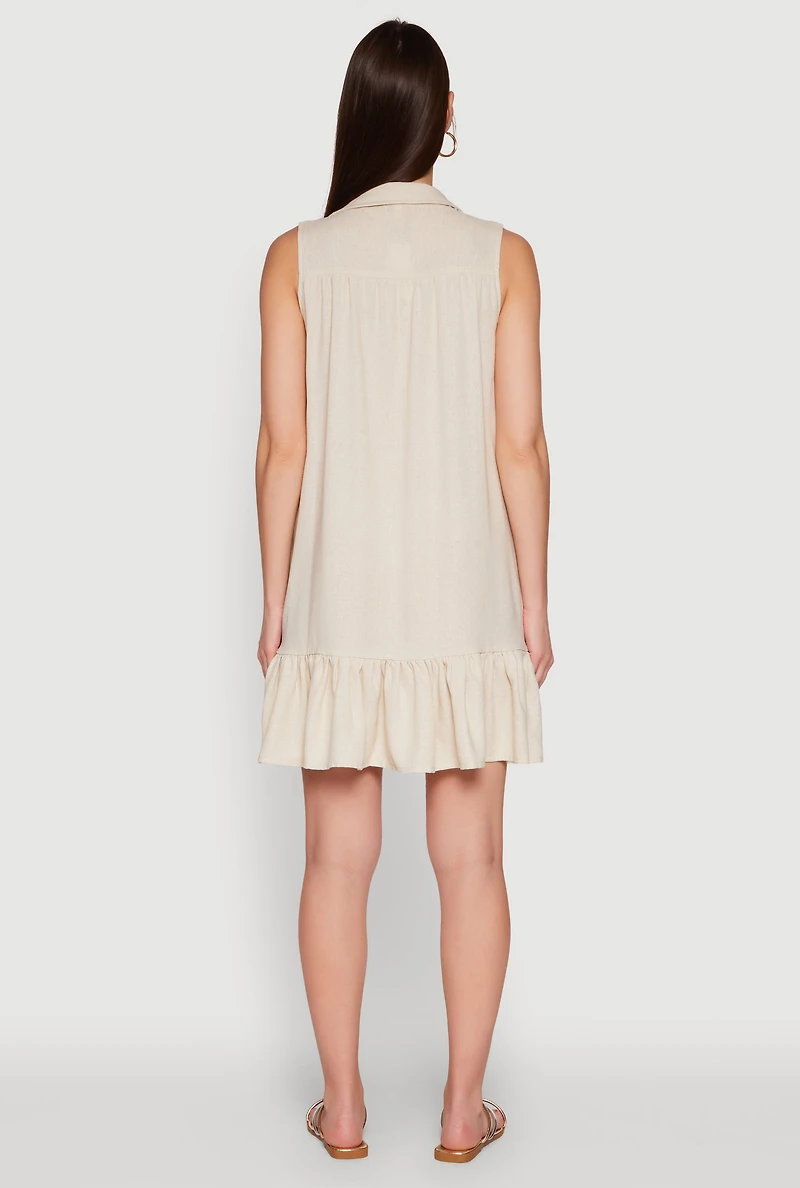 Womens Trendy Linen Sleeveless Shirt Dress with Flounce Hem, Beige, Size S