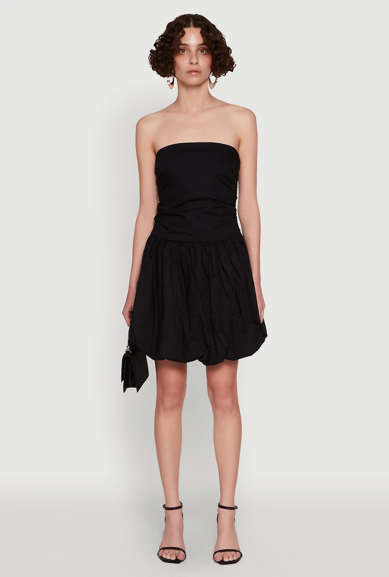 Chic Strapless Poplin Dress with Bubble Hem and Tie Back