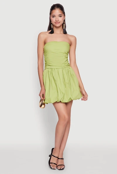 Womens Chic Strapless Poplin Dress with Bubble Hem and Tie Back, Green, Size S