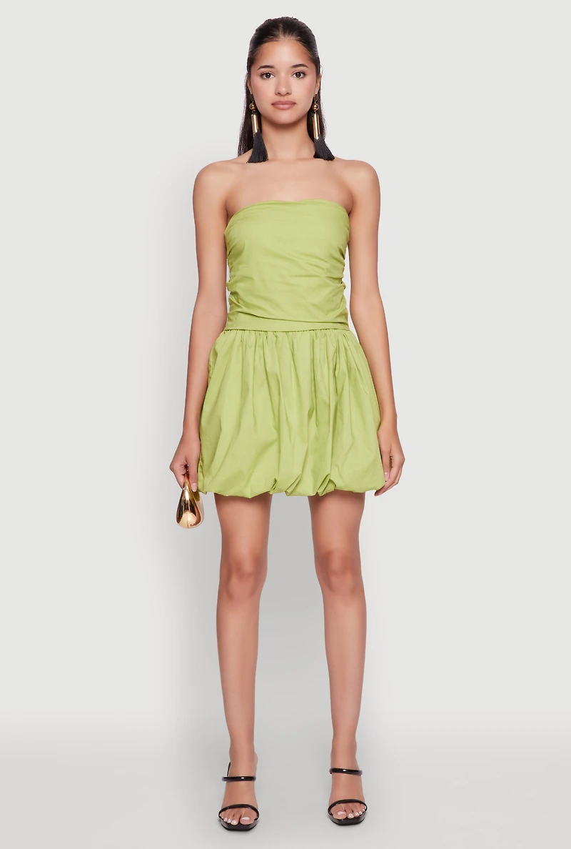 Womens Chic Strapless Poplin Dress with Bubble Hem and Tie Back,
