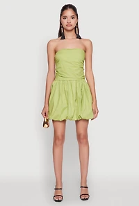 Womens Chic Strapless Poplin Dress with Bubble Hem and Tie Back, Green, Size S