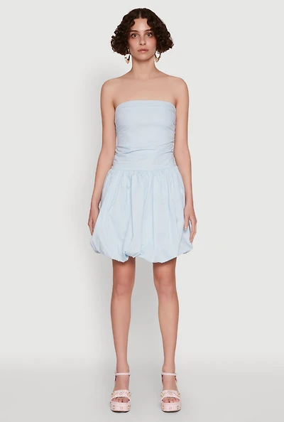 Womens Chic Strapless Poplin Dress with Bubble Hem and Tie Back,
