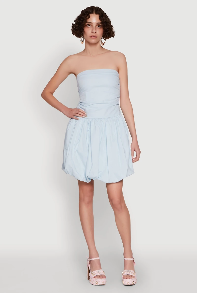 Womens Chic Strapless Poplin Dress with Bubble Hem and Tie Back,