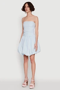 Womens Chic Strapless Poplin Dress with Bubble Hem and Tie Back,