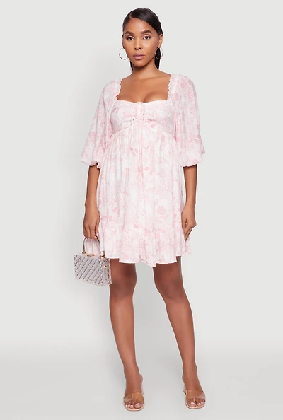Womens Chic Toile de Jouy Puff Sleeve Peasant Dress, Multi, Size M