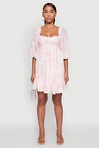 Womens Chic Toile de Jouy Puff Sleeve Peasant Dress, Multi,