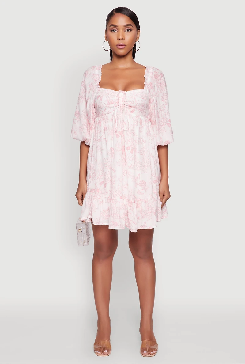 Chic Toile de Jouy Puff Sleeve Peasant Dress