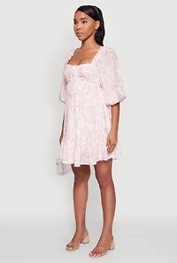 Womens Chic Toile de Jouy Puff Sleeve Peasant Dress, Multi,