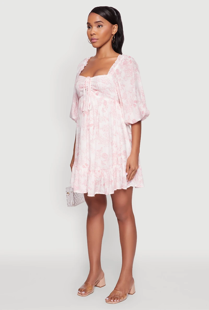 Chic Toile de Jouy Puff Sleeve Peasant Dress