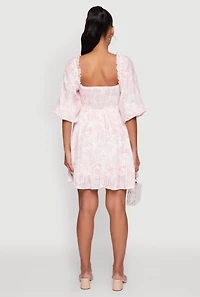 Womens Chic Toile de Jouy Puff Sleeve Peasant Dress, Multi,