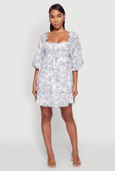 Womens Chic Toile de Jouy Puff Sleeve Peasant Dress, Multi,