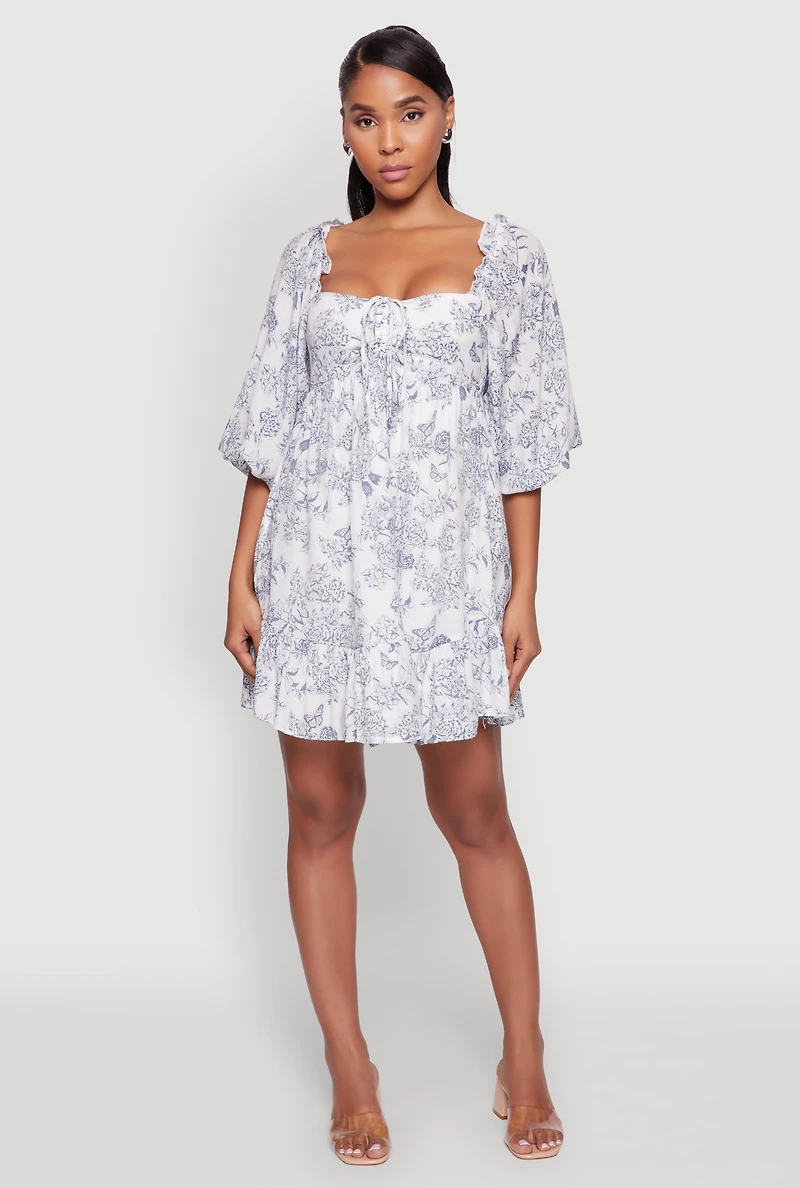 Womens Chic Toile de Jouy Puff Sleeve Peasant Dress, Multi, Size L