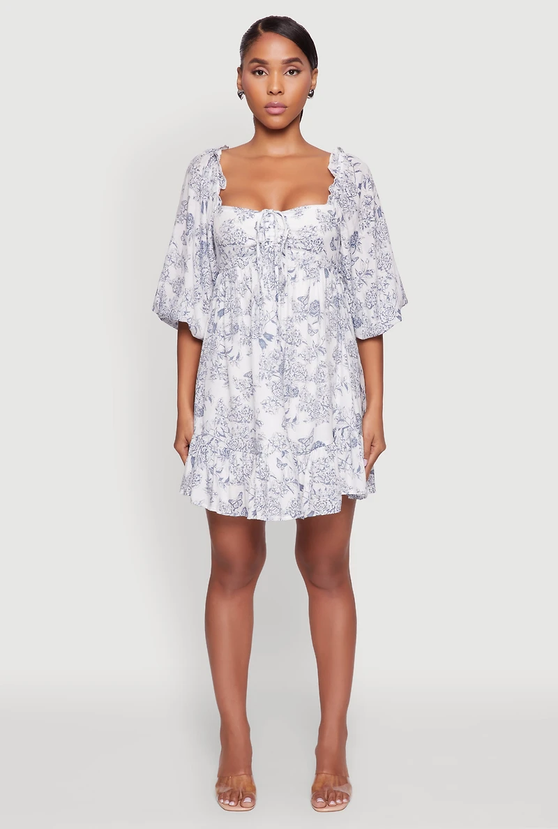 Womens Chic Toile de Jouy Puff Sleeve Peasant Dress, Multi, Size L
