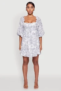 Womens Chic Toile de Jouy Puff Sleeve Peasant Dress, Multi, Size L