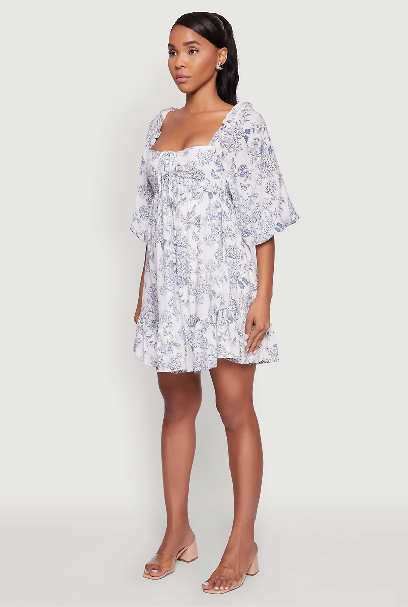 Womens Chic Toile de Jouy Puff Sleeve Peasant Dress, Multi, Size L
