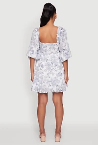 Womens Chic Toile de Jouy Puff Sleeve Peasant Dress, Multi, Size S