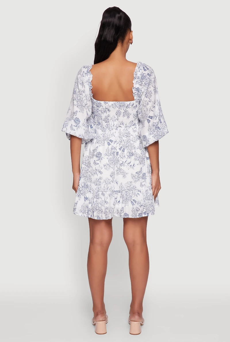 Womens Chic Toile de Jouy Puff Sleeve Peasant Dress, Multi, Size L