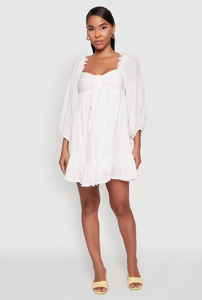 Womens Chic Bubble Sleeve Smocked Back Peasant Dress, White, Size XL