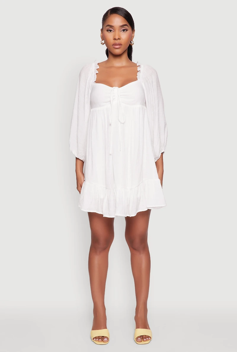 Womens Chic Bubble Sleeve Smocked Back Peasant Dress, White, Size XL