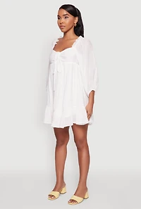 Womens Chic Bubble Sleeve Smocked Back Peasant Dress, White, Size XL
