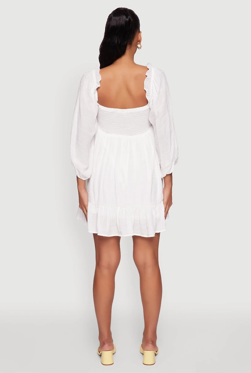 Womens Chic Bubble Sleeve Smocked Back Peasant Dress, White, Size XL