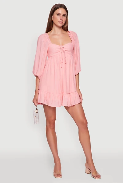 Womens Chic Bubble Sleeve Smocked Back Peasant Dress, Pink,
