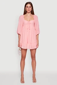 Womens Chic Bubble Sleeve Smocked Back Peasant Dress, Pink,