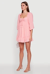 Womens Chic Bubble Sleeve Smocked Back Peasant Dress, Pink,