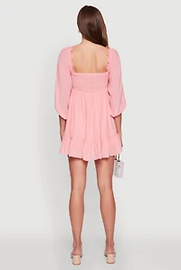 Womens Chic Bubble Sleeve Smocked Back Peasant Dress, Pink,