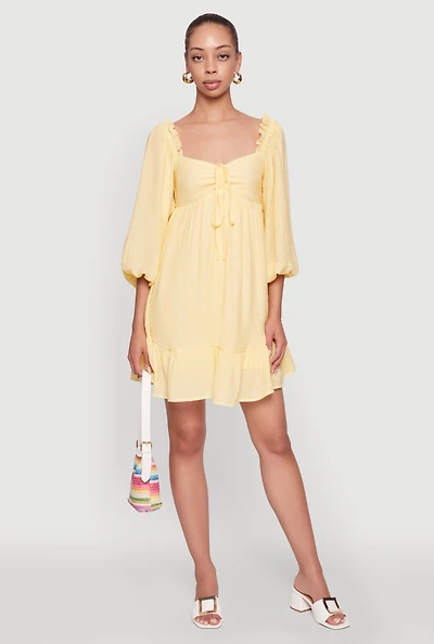 Womens Chic Bubble Sleeve Smocked Back Peasant Dress, Yellow, Size M