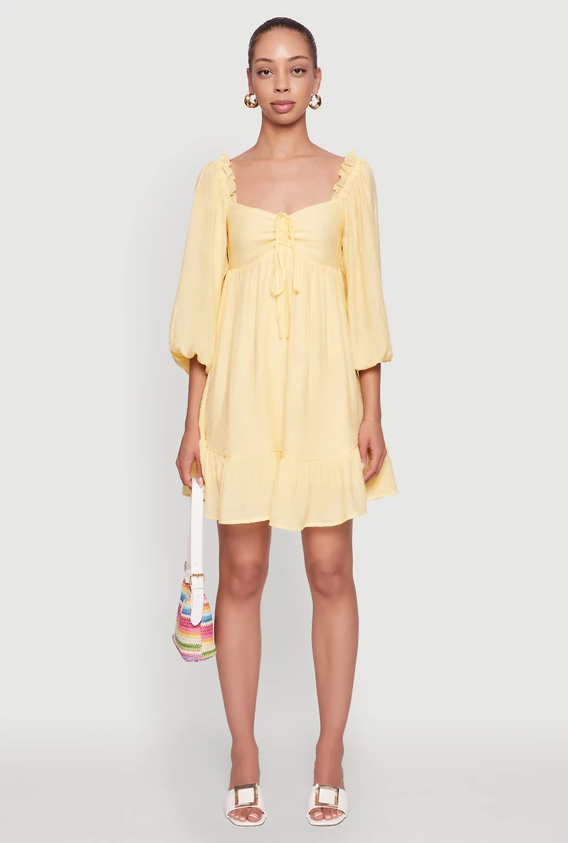 Womens Chic Bubble Sleeve Smocked Back Peasant Dress, Yellow, Size M