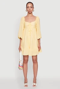 Womens Chic Bubble Sleeve Smocked Back Peasant Dress, Yellow, Size M