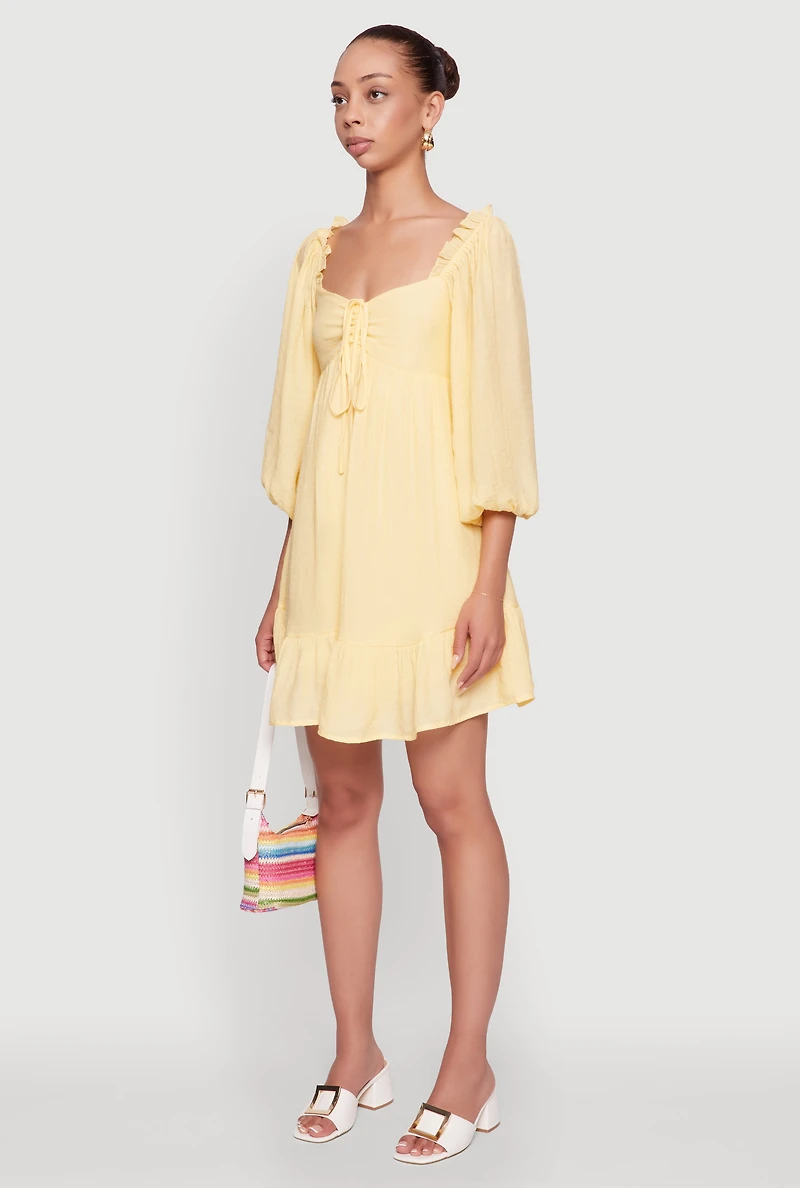 Womens Chic Bubble Sleeve Smocked Back Peasant Dress, Yellow, Size M