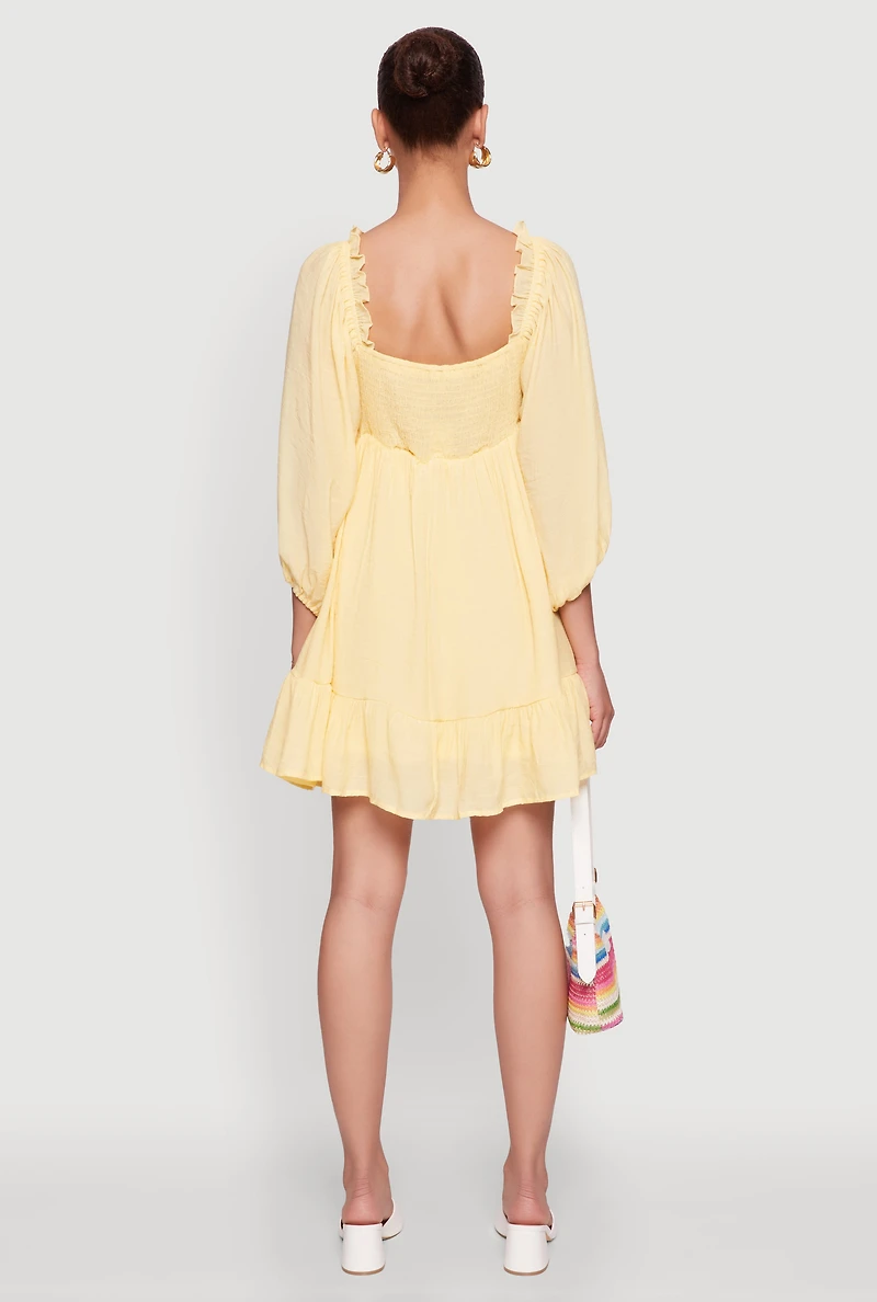 Womens Chic Bubble Sleeve Smocked Back Peasant Dress, Yellow, Size M