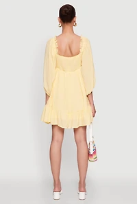 Womens Chic Bubble Sleeve Smocked Back Peasant Dress, Yellow, Size M